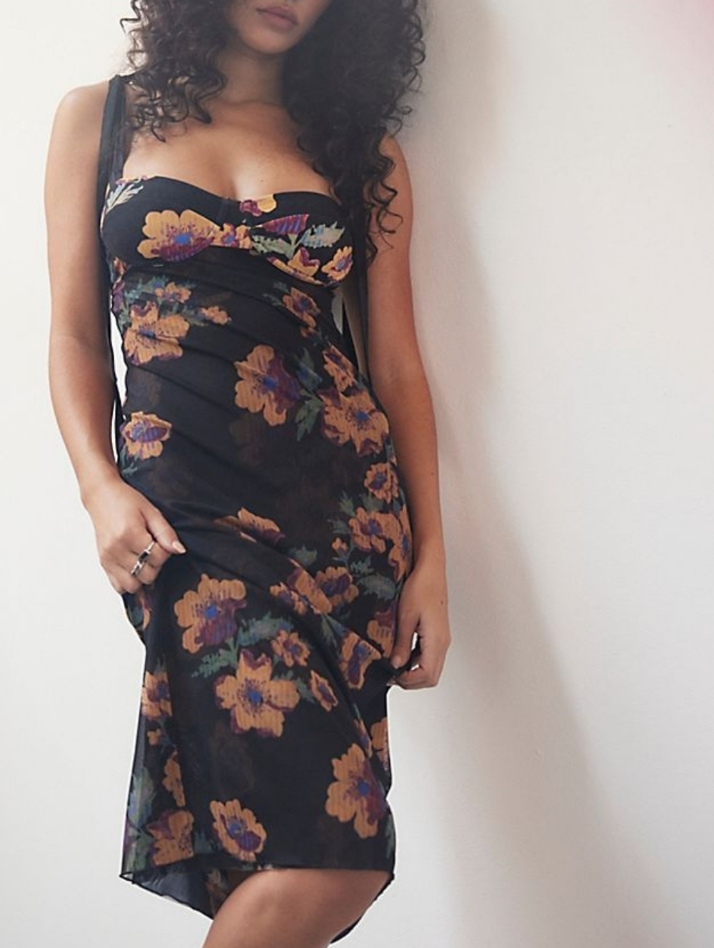 Free People Intimately Girl Got Glam Black Floral Bow Tie Strap Slip Midi Dress
